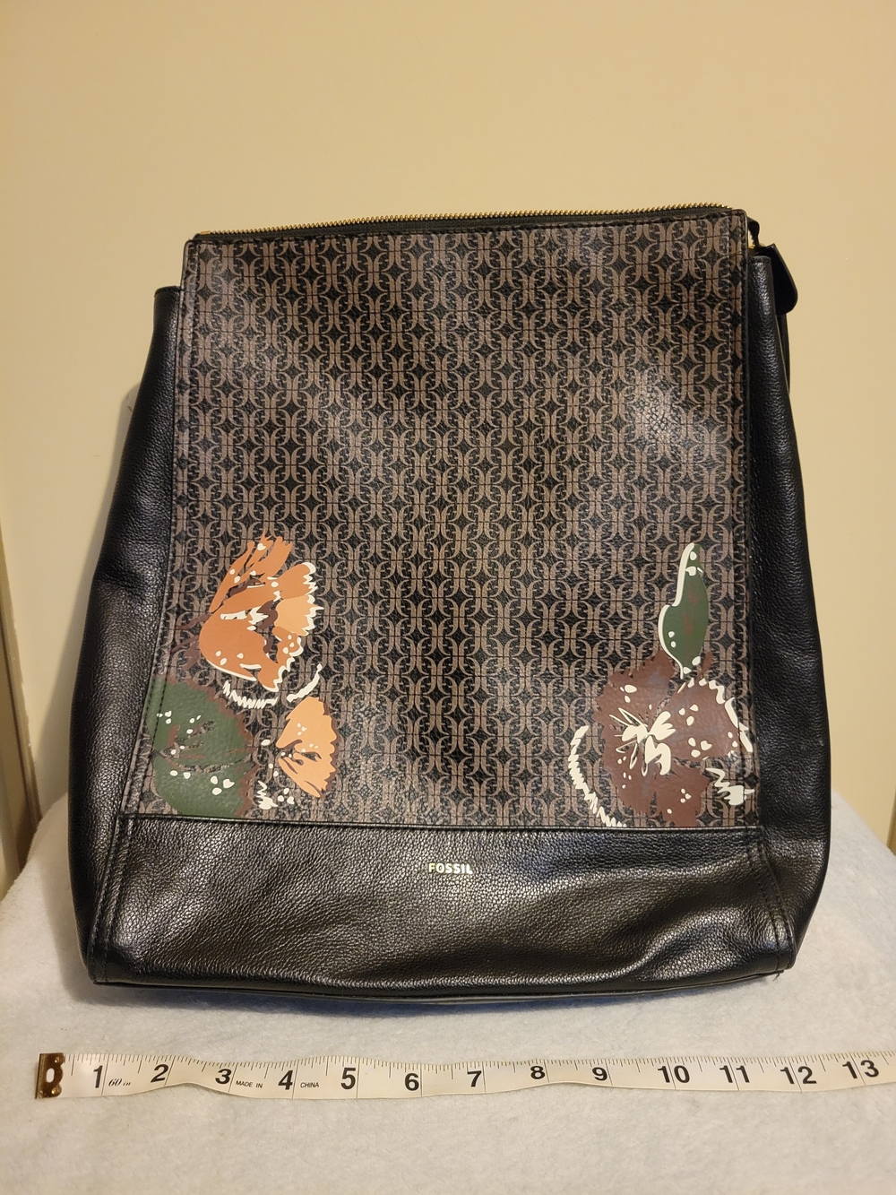 Fossil Black Signature Print Leather Tote with Floral Accents